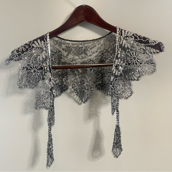 Hand Crafted Accessories - Vintage 1960s Hand Beaded Shawl Collar Heavy Bead Capelet Tulle Shoulder Cape